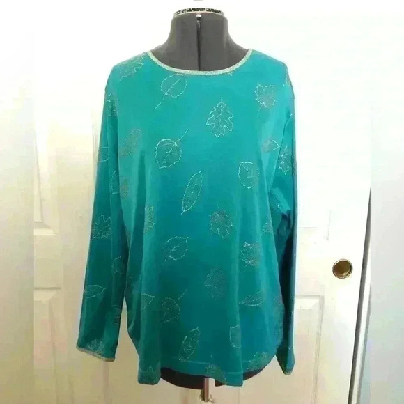 VTG Blair blue long sleeve gold embelished leaves women XL - Picture 2 of 5